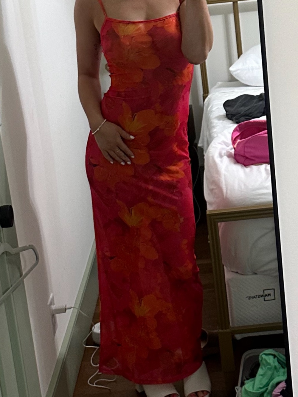 Peppermayo Pink and Orange Floral Sheer Slip Maxi Dress